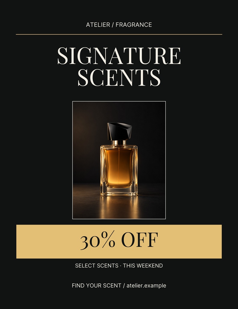 Black and gold perfume sale flyer with a fragrance bottle and 30% off offer