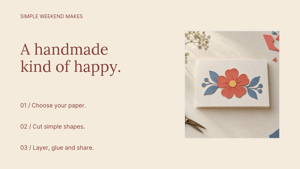 A beige landscape graphic with handmade card steps and a floral paper craft photo