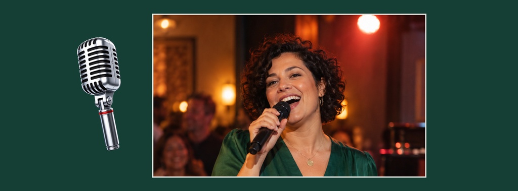 Woman singing into a microphone beside a retro microphone graphic on a green background.