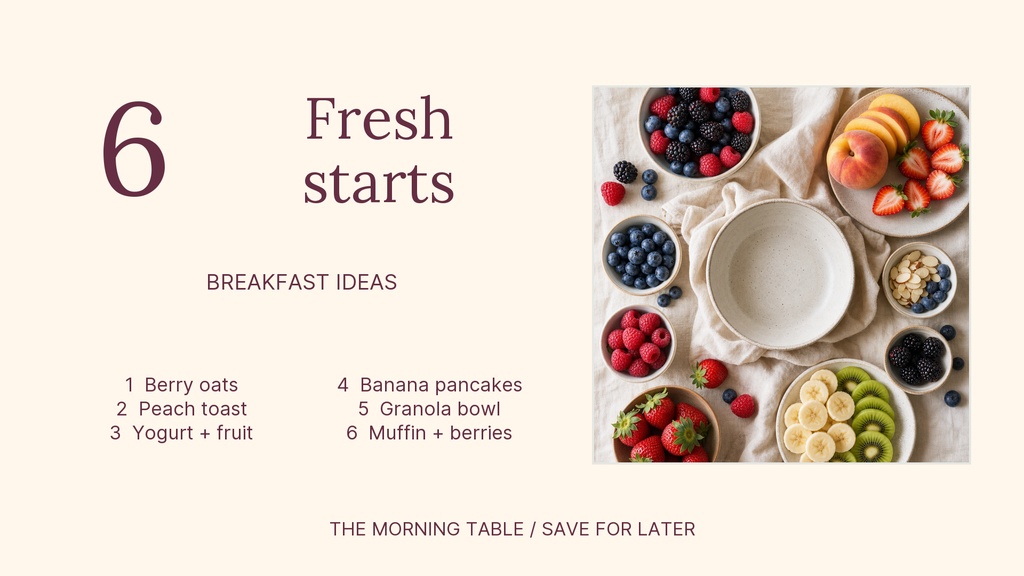Landscape graphic with the words Six Fresh Starts and breakfast foods arranged around an empty plate.