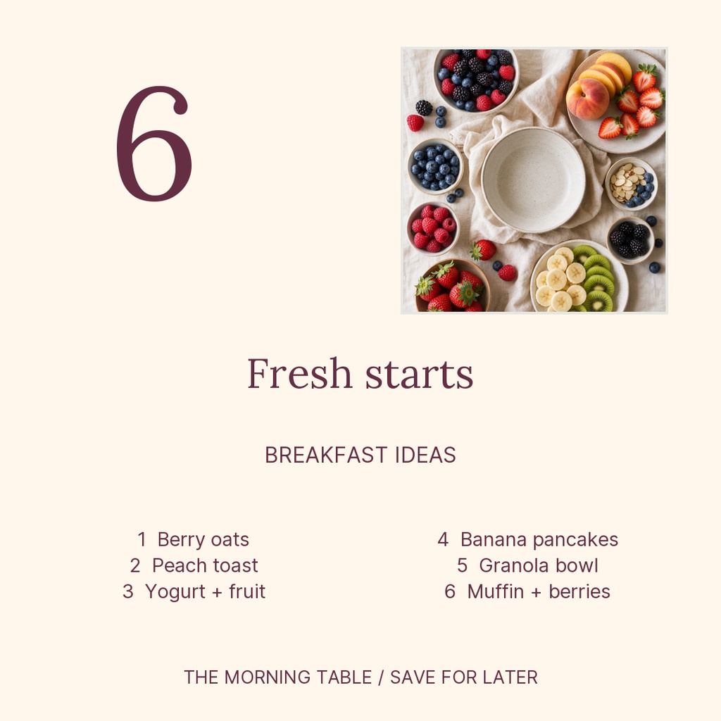 Square beige breakfast graphic with a fruit platter photo and a list of six breakfast ideas.
