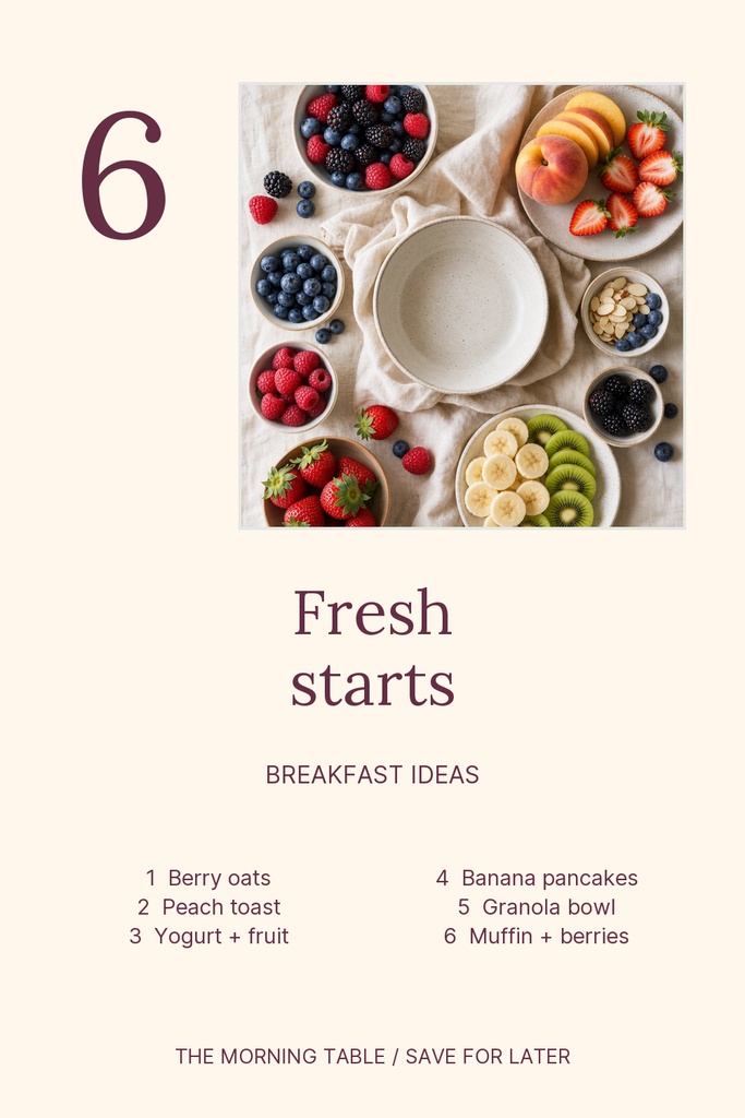 Portrait Pinterest pin with six breakfast bowls and the words Fresh starts and Breakfast ideas.