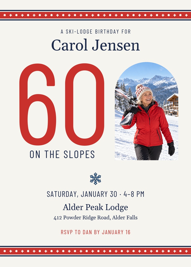 Portrait invitation with large red 60, ski lodge birthday details, and a woman standing in snowy mountains.