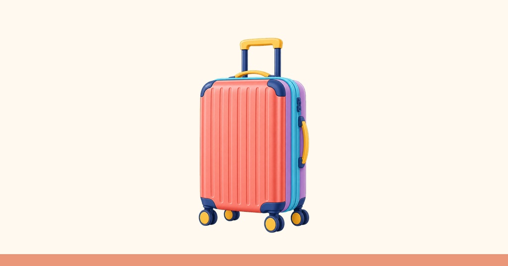 Colorful suitcase standing on a minimal cream background with a coral strip at the bottom.