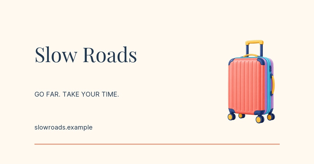 Minimal cover design with the words Slow Roads and a colorful suitcase on a light background.
