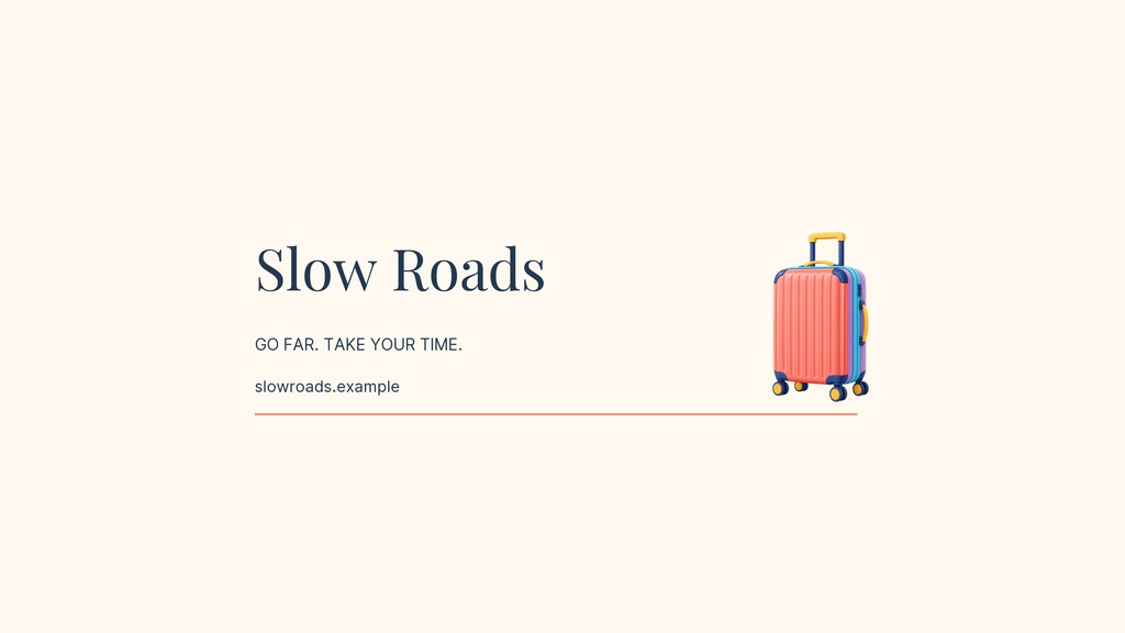 Minimal YouTube banner with the title Slow Roads and a small rolling suitcase icon.