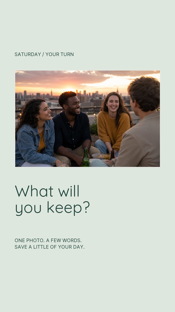 Portrait Instagram story with sunset group photo and text asking what you will keep.