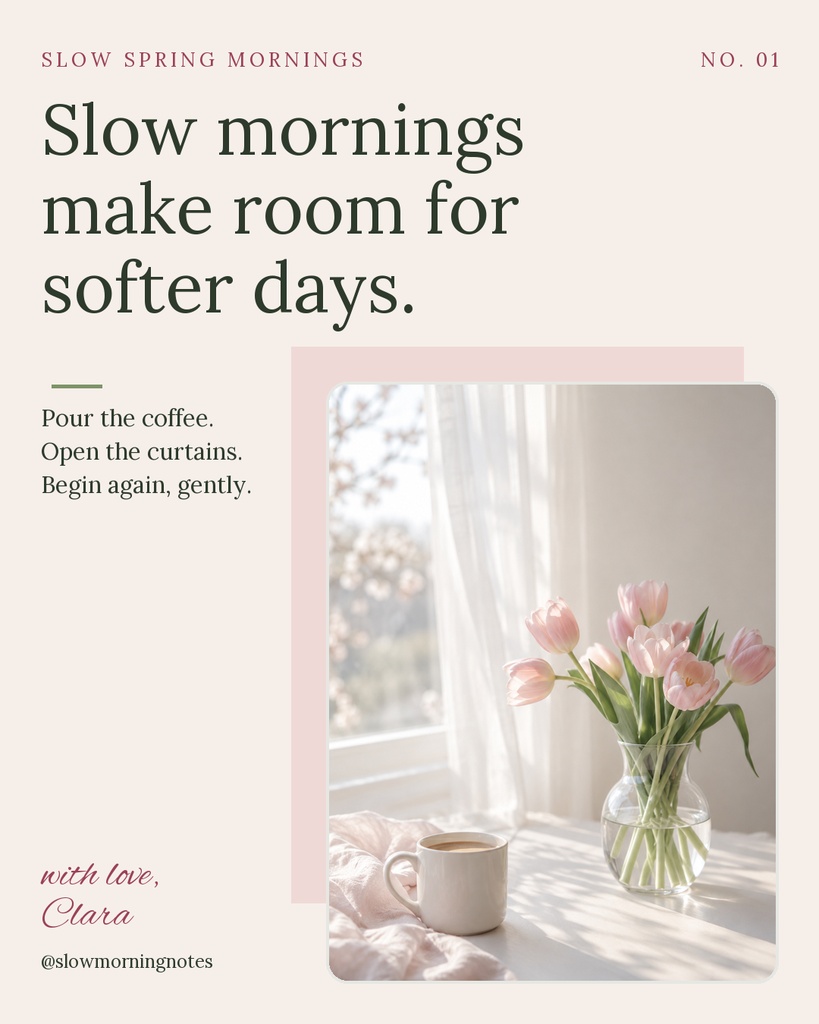 Portrait quote template with tulips, coffee cup, and soft beige minimalist layout.