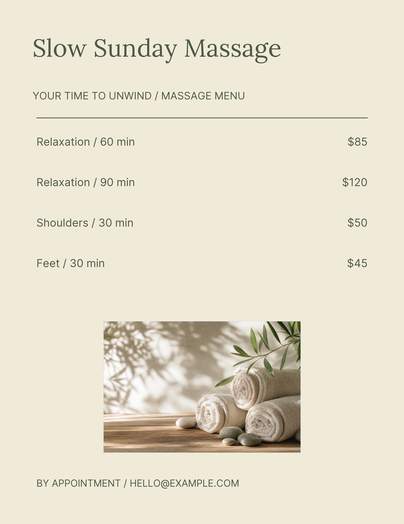 Portrait massage menu template with service prices and a spa towel photo.