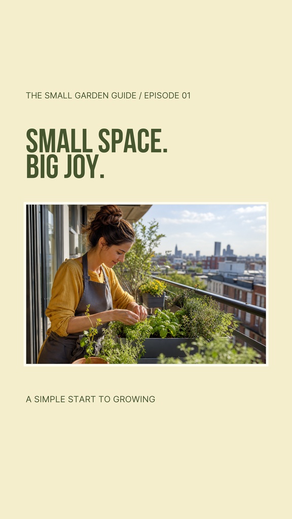 Portrait reel cover with a woman tending plants on a balcony and bold text about small space gardening.
