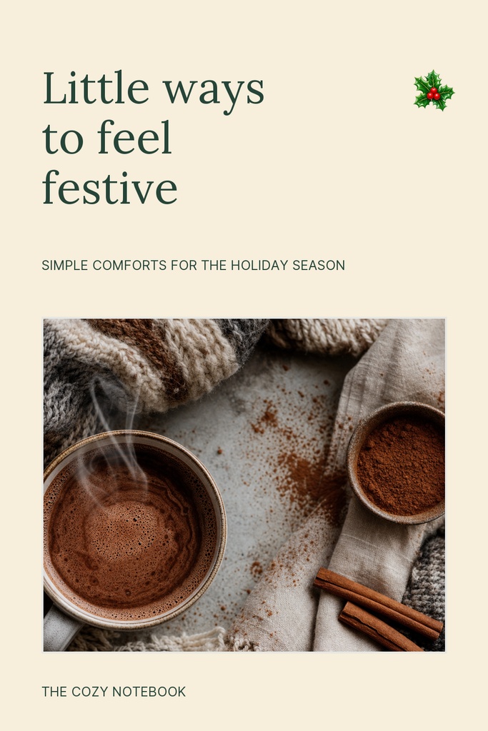 Portrait pin with the phrase Little ways to feel festive above a photo of cocoa and cinnamon.