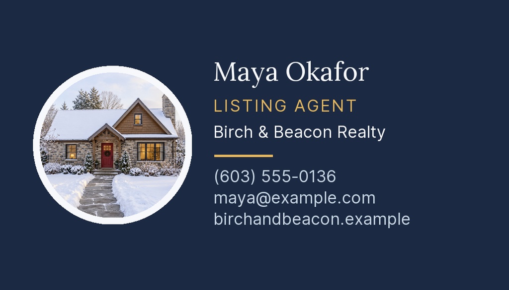 Dark blue real estate business card with snowy house photo and agent contact details