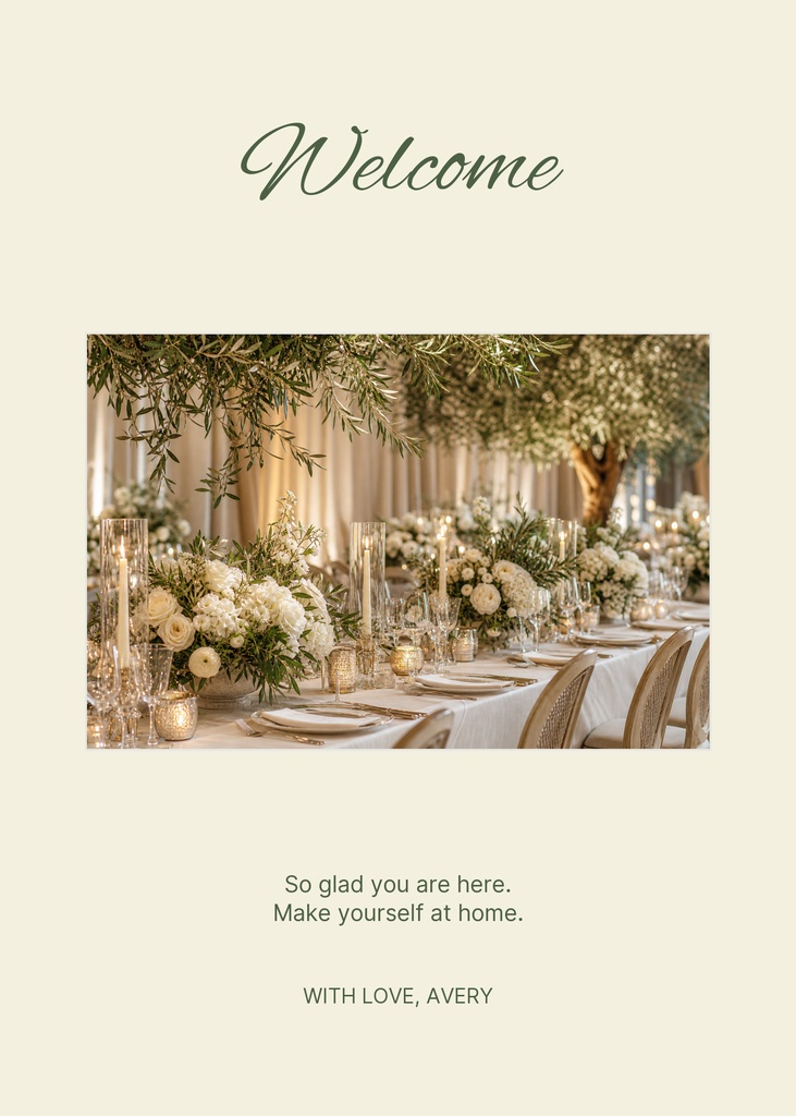 Portrait welcome card with script 'Welcome' text, floral table photo, and a closing greeting message.