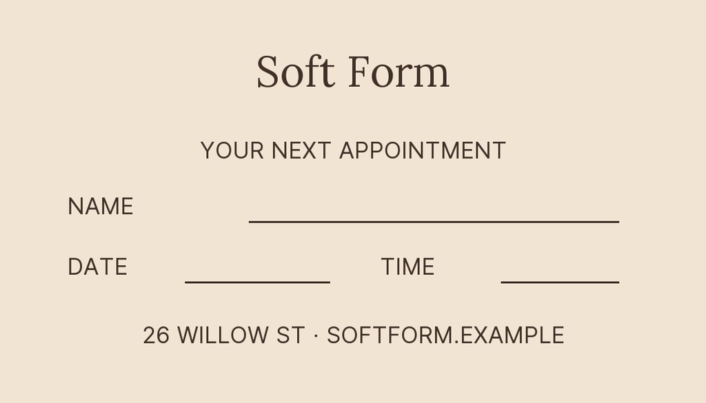 Minimal beige appointment card layout with Soft Form title, appointment fields, and address line
