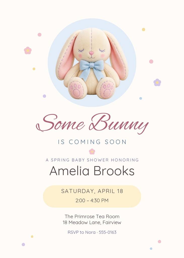 Portrait baby shower invitation with a plush bunny, pastel flowers, and the words Some Bunny Is Coming Soon.