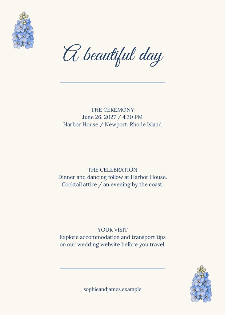 Portrait wedding details card with blue floral accents and centered event information