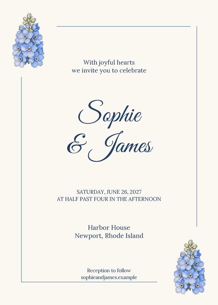 Portrait wedding invitation with blue floral bouquets at the top left and bottom right.