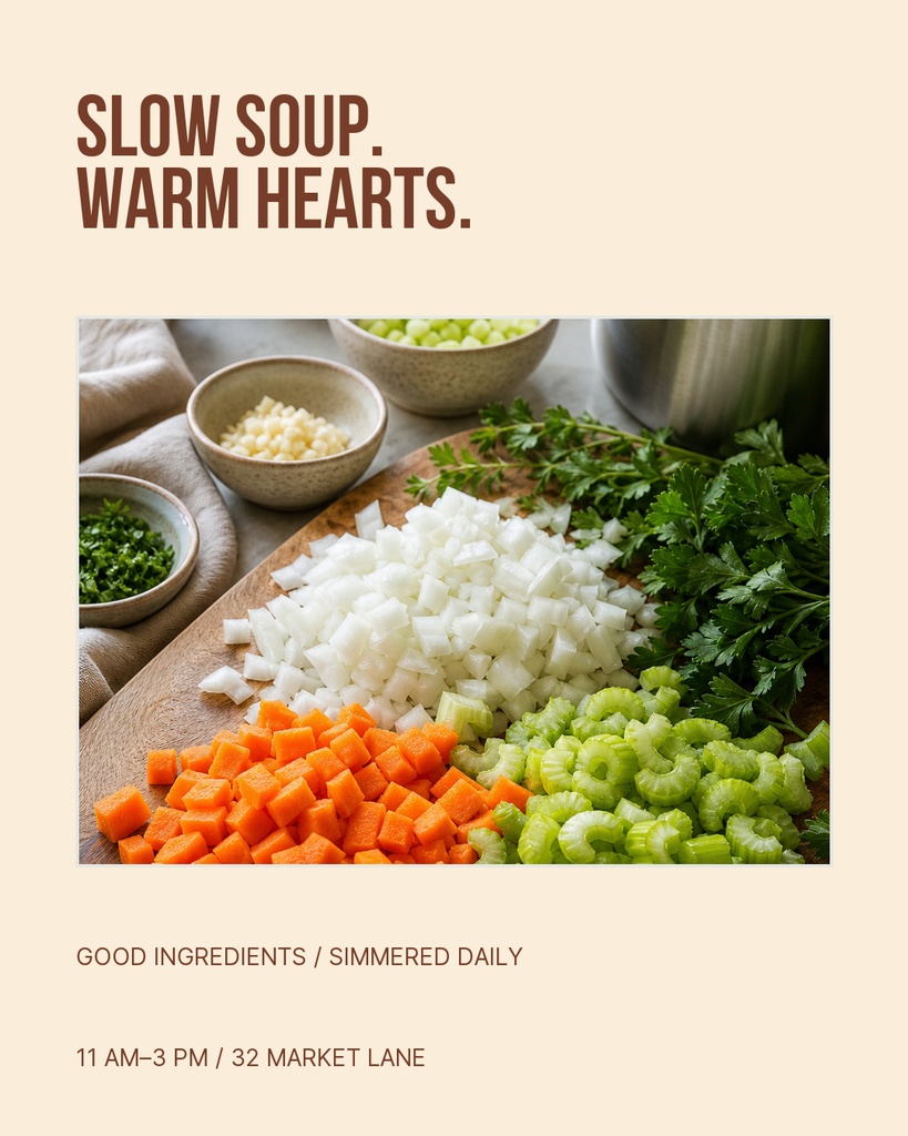 Portrait restaurant post with soup ingredients, brown headline text, and beige background.