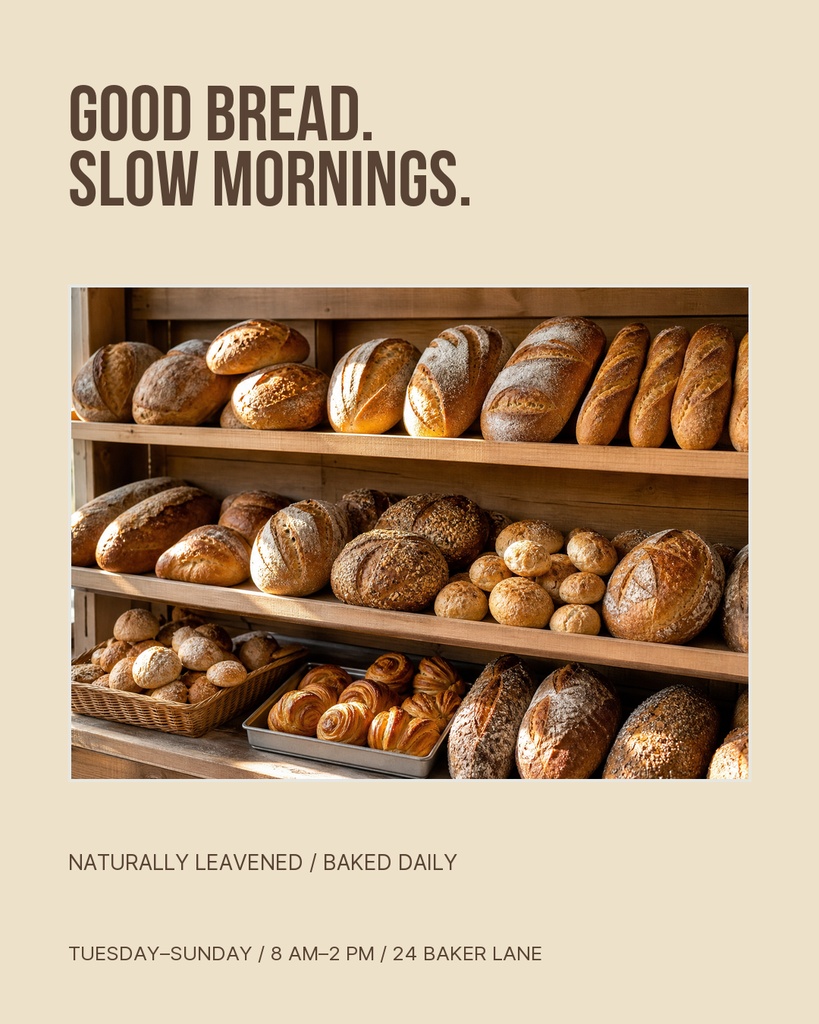Portrait bakery promo design with a shelf of assorted bread and sourdough loaves.