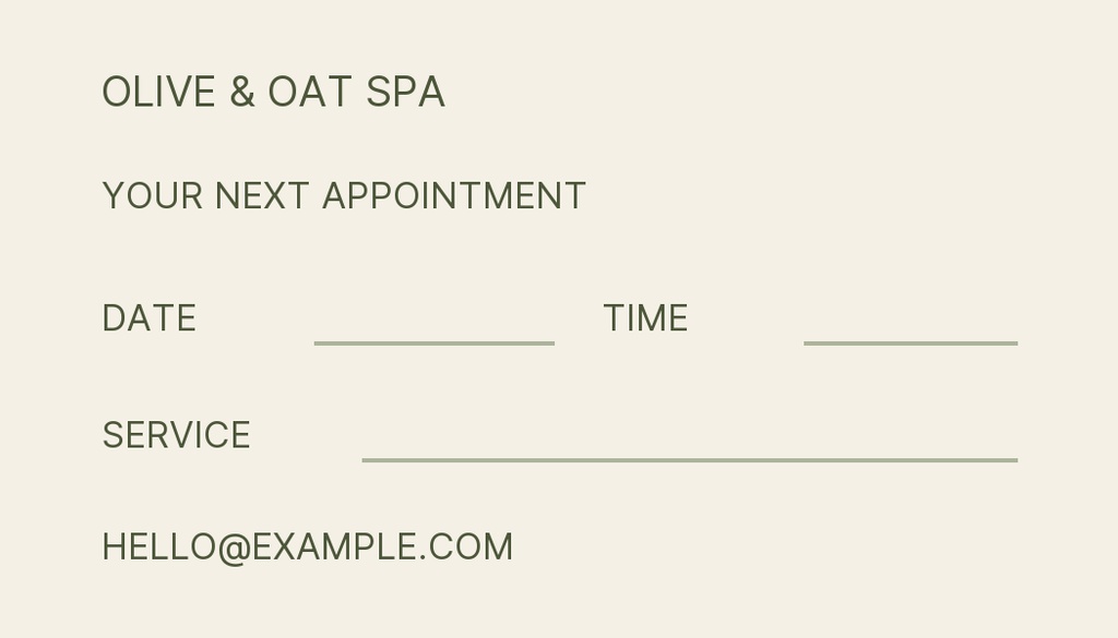 Minimal beige spa appointment card with fields for date, time, service, and email.