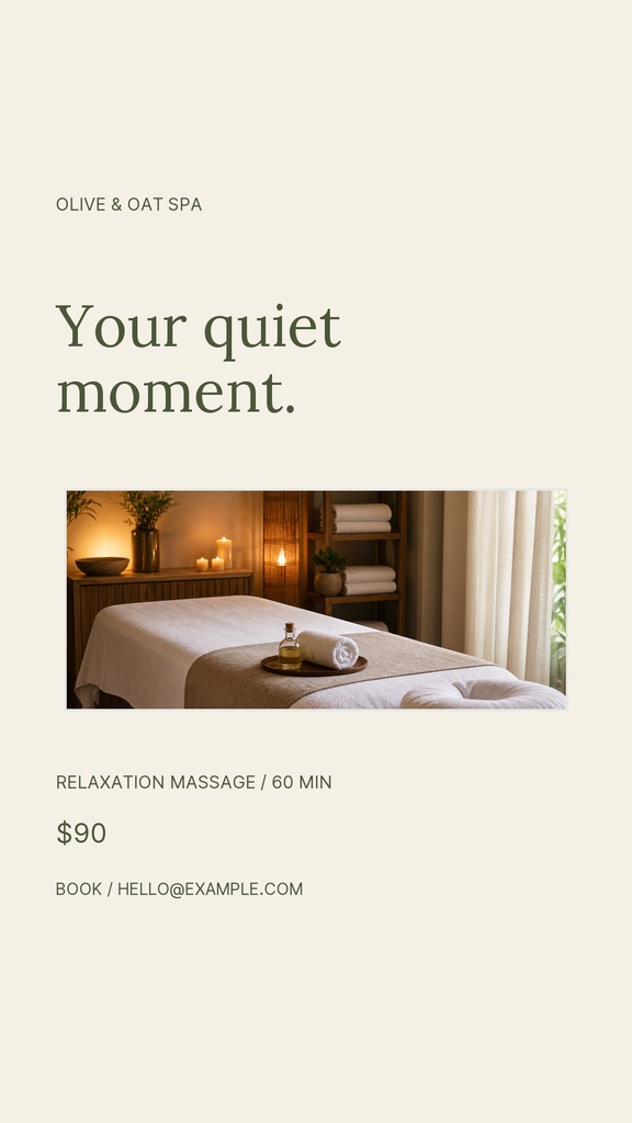 Minimal spa Instagram story with beige background, massage room photo, and booking details.