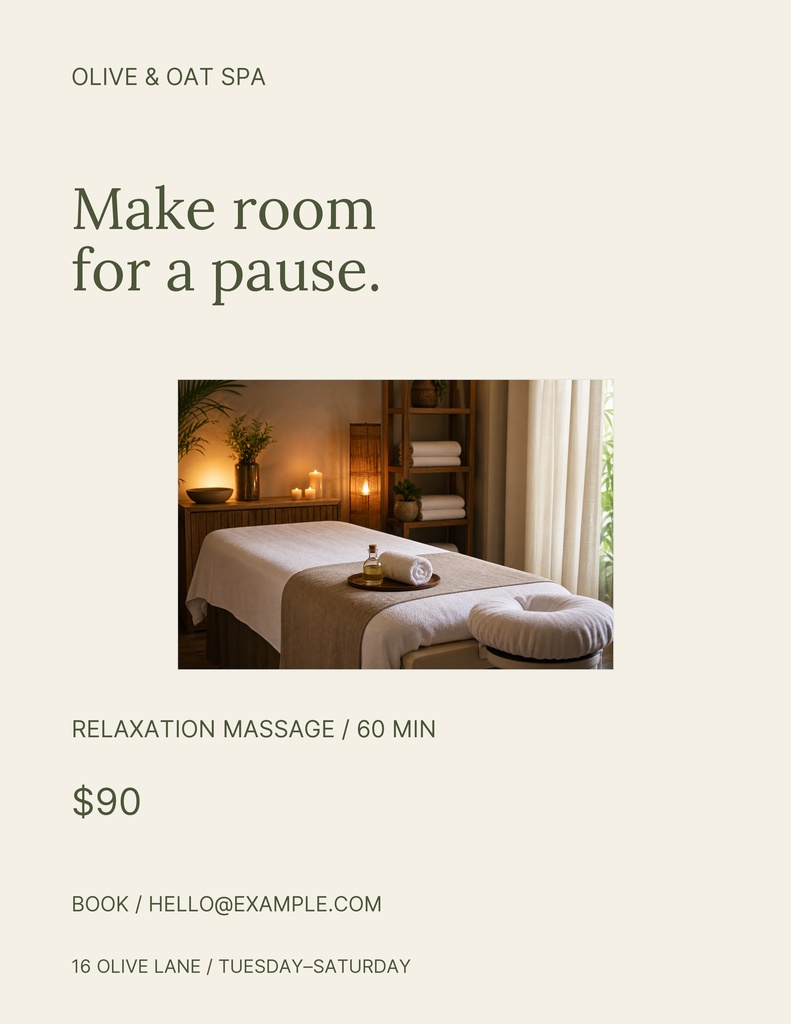 Portrait flyer with spa branding, massage room photo, service price, email, and hours.