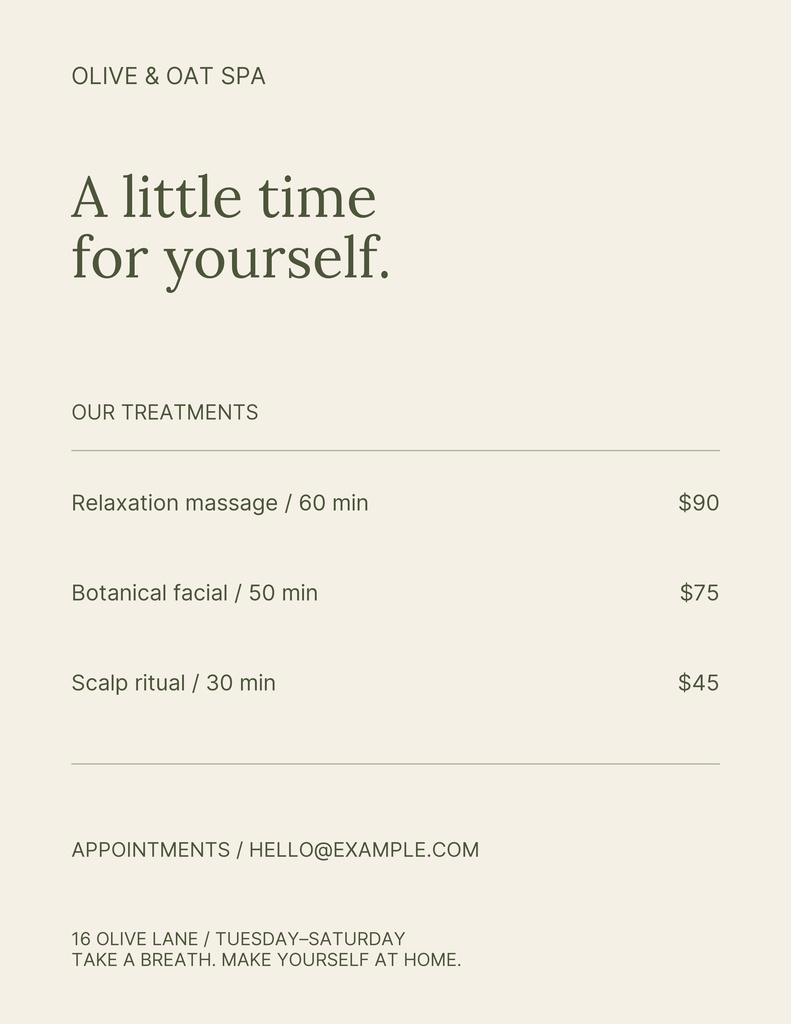 Portrait spa price list template with treatments, prices, and appointment details on a neutral background.