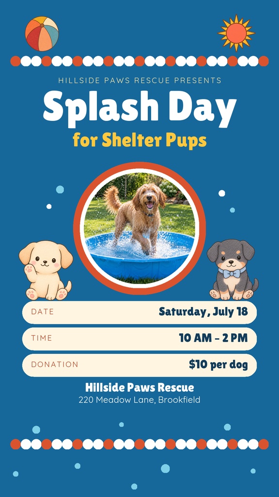 Portrait Instagram story template with a dog in a pool, cartoon puppies, and event details.