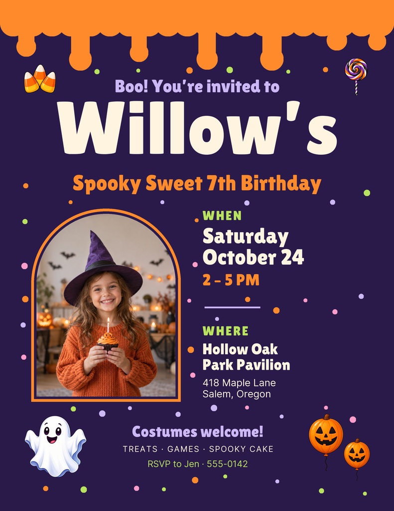 Halloween birthday flyer with a smiling child in a witch costume and spooky decorations