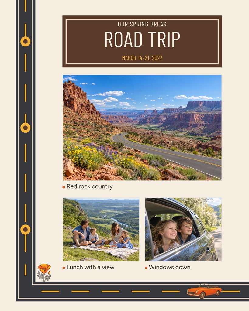 Road trip scrapbook page with three photos, travel accents, and a brown title header.