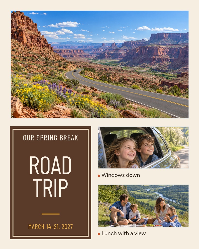 Road trip collage with canyon highway photos and a brown title panel reading Road Trip.