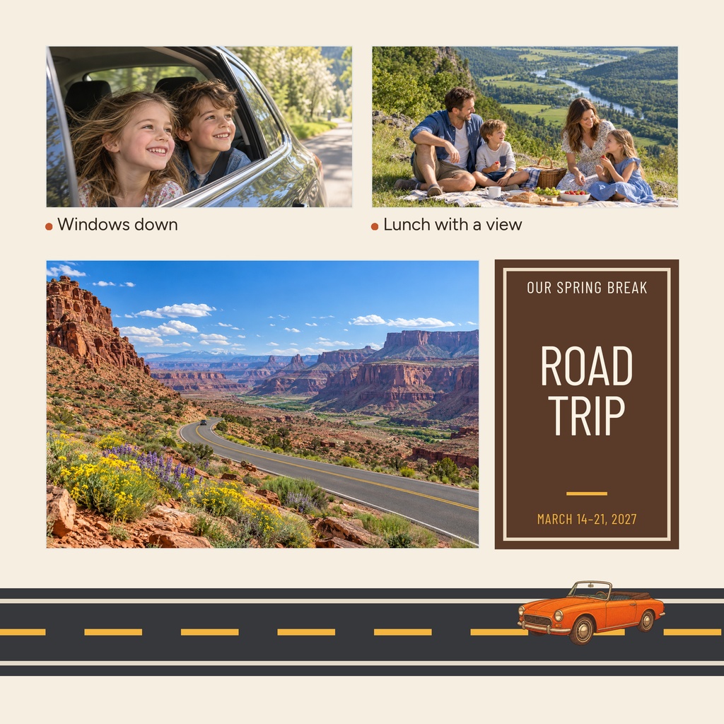 Square collage template with family travel photos, canyon road scene, and a road trip title panel.