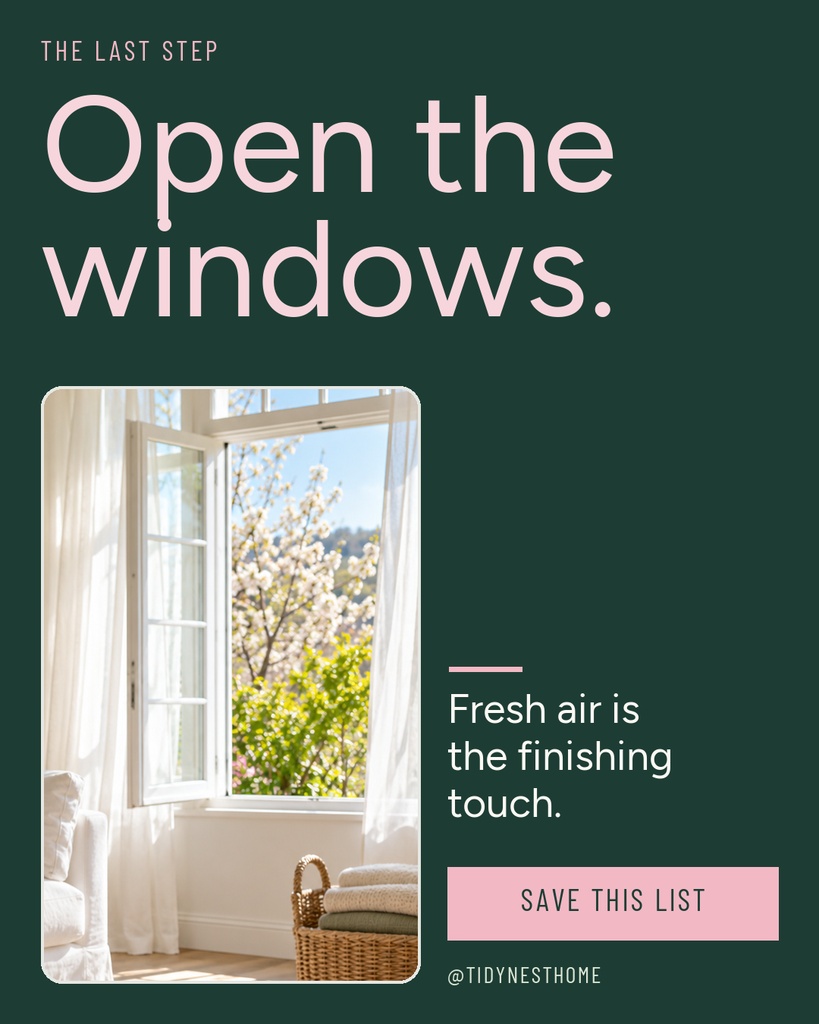 Portrait spring cleaning slide with open window photo and text reading Open the Windows.