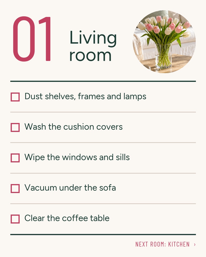 A portrait checklist slide for living room spring cleaning with a flower photo and five tasks.