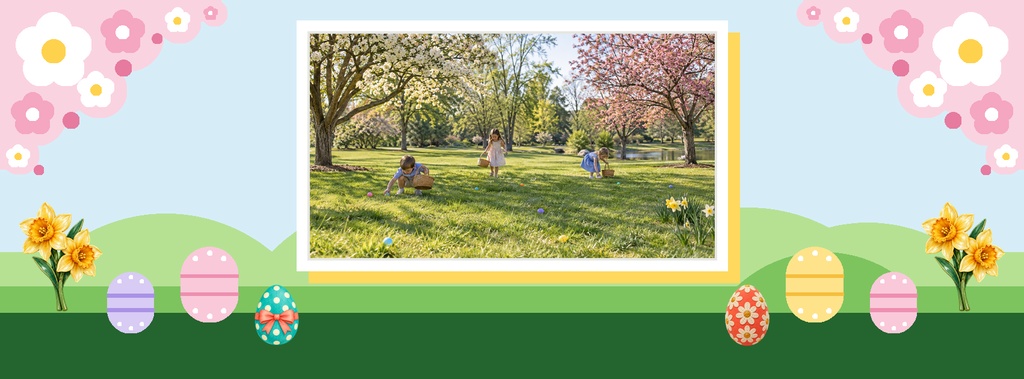 Spring park scene with children on grass, flowers, and colorful Easter eggs around a photo frame