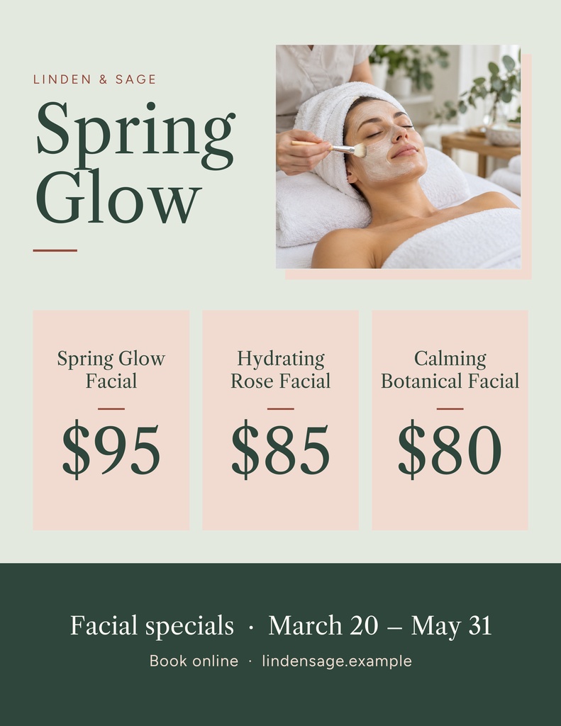 Spring facial specials flyer with facial prices, spa photo, and soft green and peach layout.