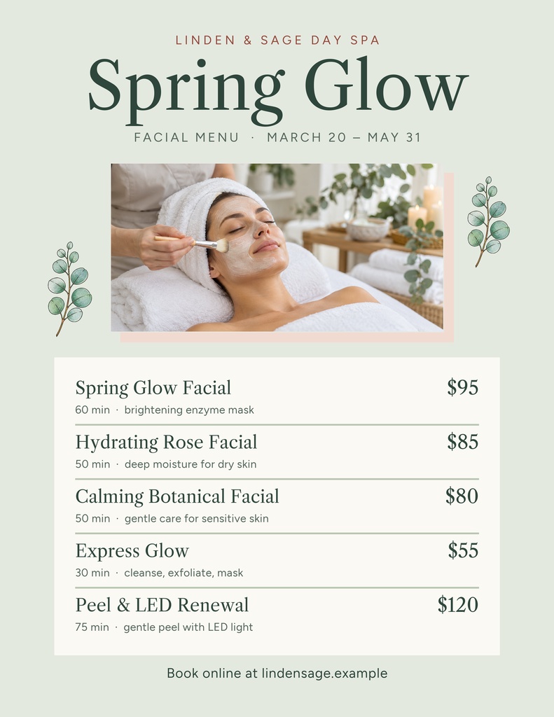 Portrait spa menu with spring glow facial specials, prices, a facial photo, and botanical accents.