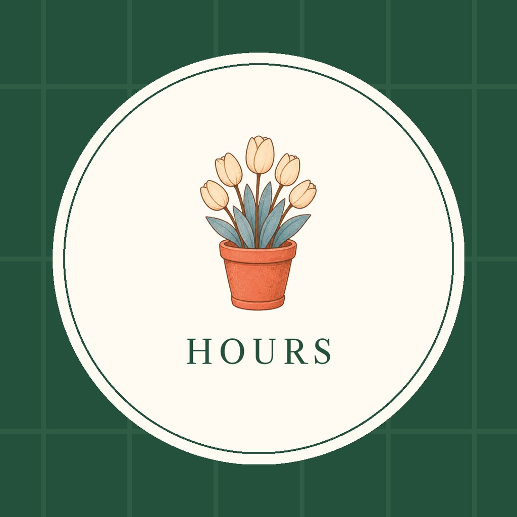 Round highlight cover with a potted tulip illustration and the word hours on a green grid background.
