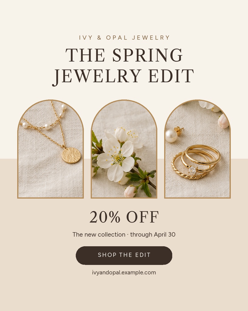 Portrait jewelry sale post with rings, necklace, flowers, and a 20% off offer.