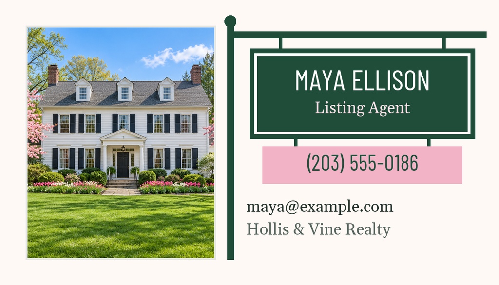 Landscape real estate business card with house photo and agent contact details