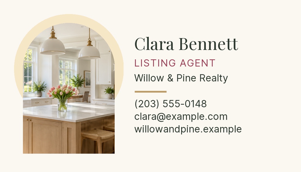 Minimal real estate contact card with a kitchen photo and agent contact details on a light background