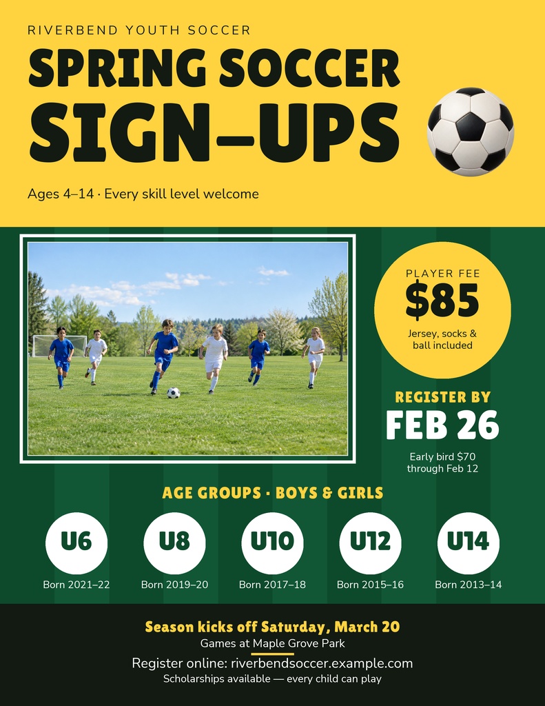 Youth soccer registration flyer with soccer ball, team photo, age groups, fee, and registration deadline.