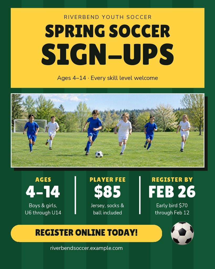 Portrait soccer sign-up poster with youth players, ages 4 to 14, fee, and registration deadline.