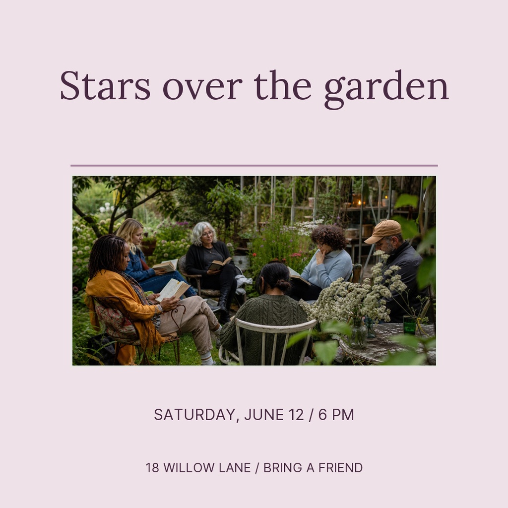 Square invitation with the title Stars over the garden above a garden gathering photo.
