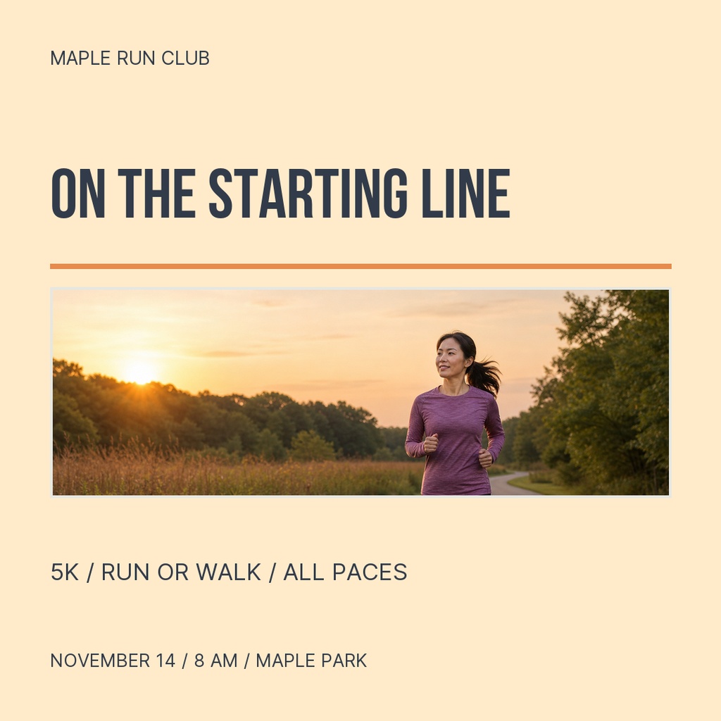 Square post with a runner at sunrise and text for a 5K run event.