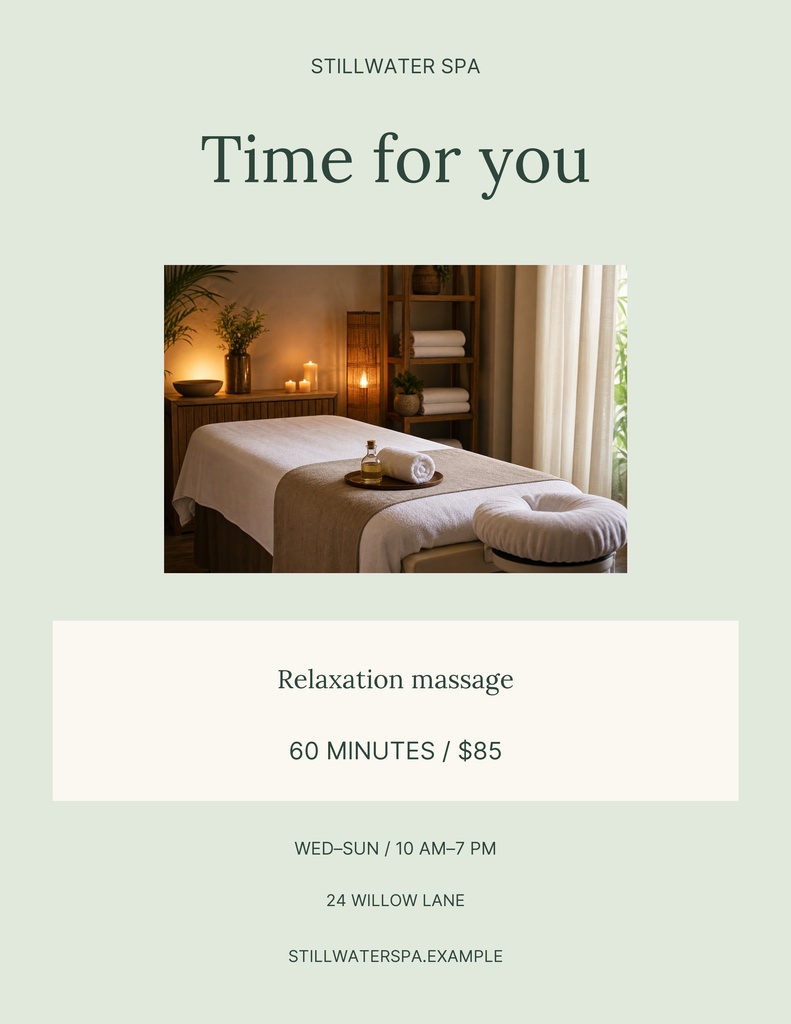 Portrait flyer with a spa treatment room photo, title text, and relaxation massage pricing details.