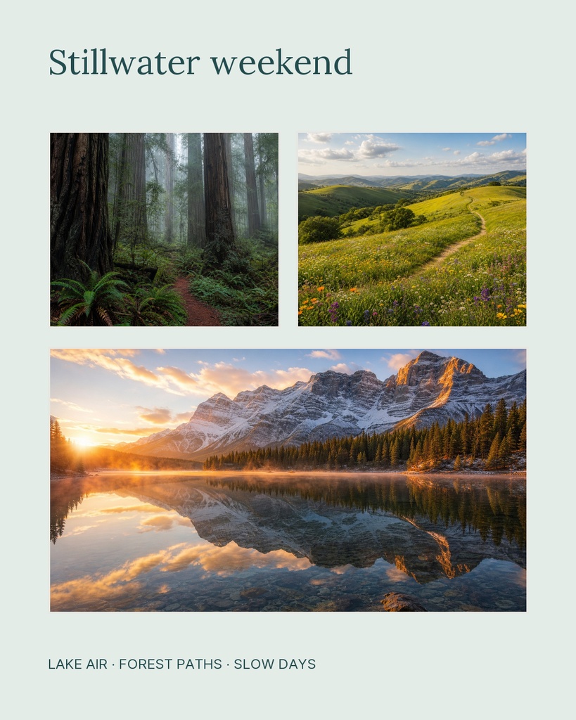 Portrait collage template with three scenic landscape photos and the title Stillwater weekend.