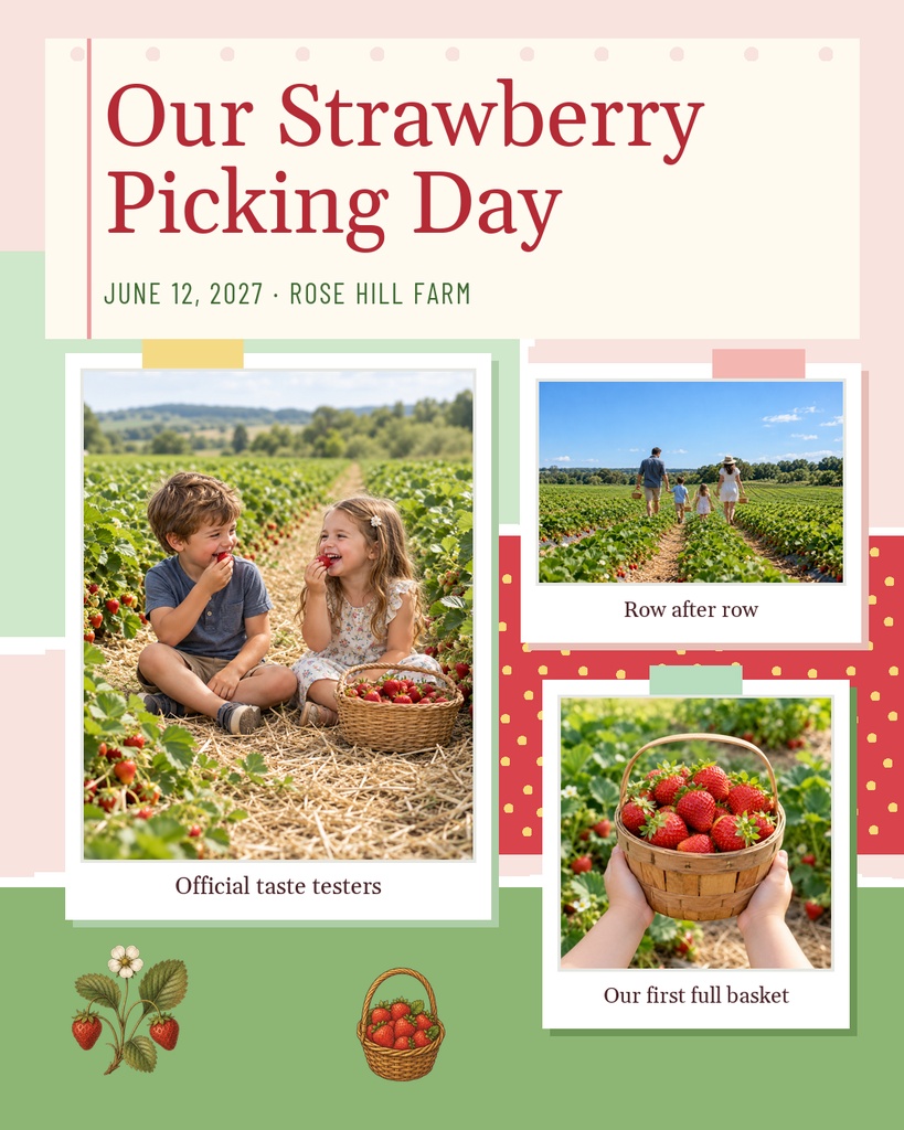 Portrait collage template with strawberry picking photos, baskets, and summer scrapbook accents.