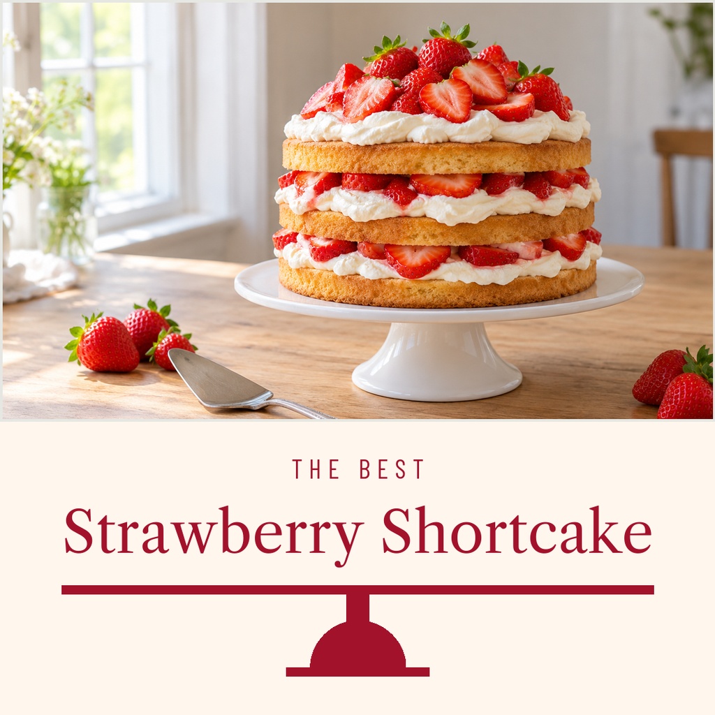 Layered strawberry shortcake on a cake stand with a text area below
