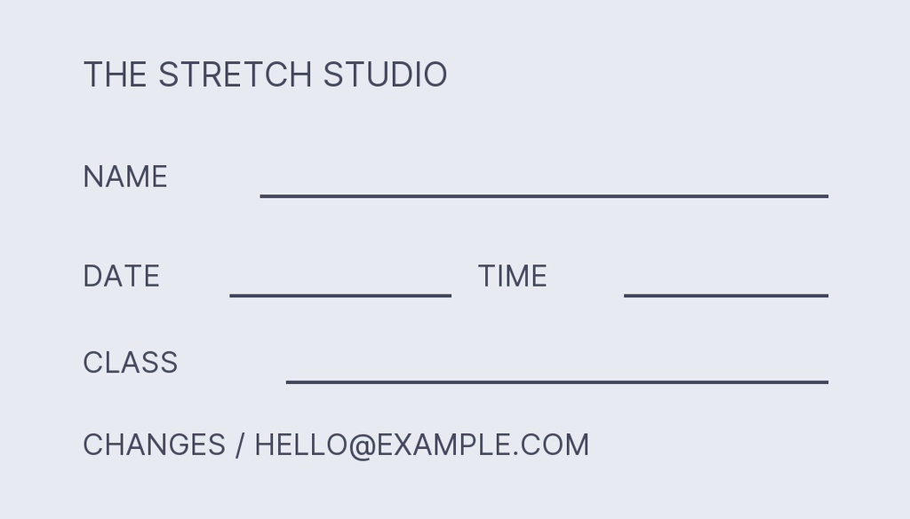 Minimal appointment card layout for The Stretch Studio with name, date, time, class, and contact lines.